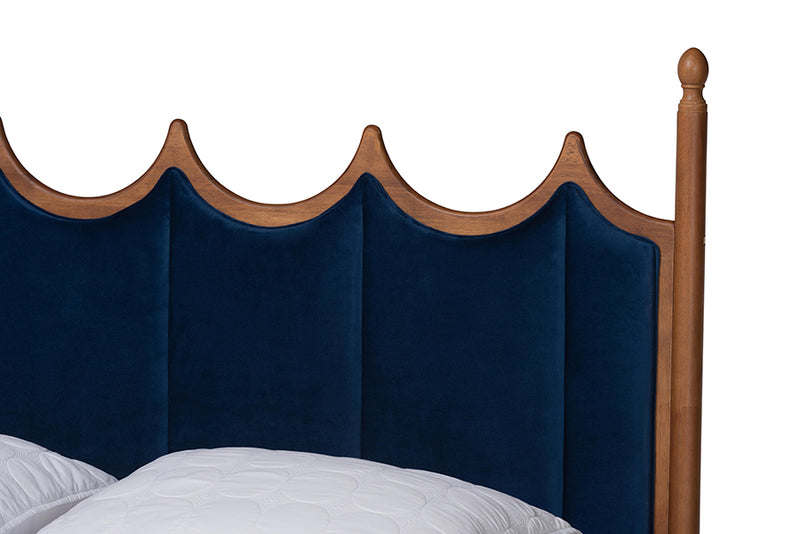 Julian Retro-Modern Royal Blue Velvet Fabric and Walnut Brown Wood Queen Size Platform Bed