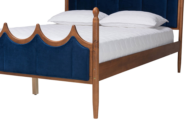 Julian Retro-Modern Royal Blue Velvet Fabric and Walnut Brown Wood Queen Size Platform Bed