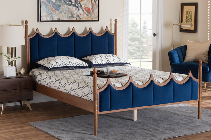 Julian Retro-Modern Royal Blue Velvet Fabric and Walnut Brown Wood Queen Size Platform Bed