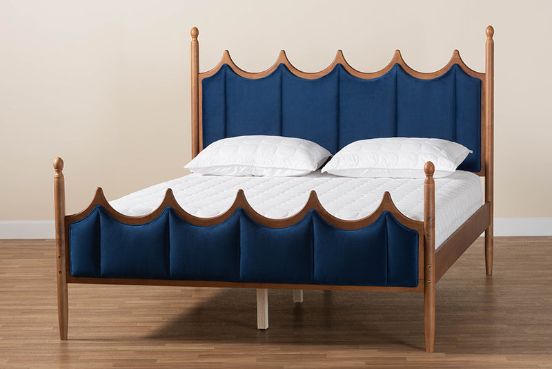 Julian Retro-Modern Royal Blue Velvet Fabric and Walnut Brown Wood Queen Size Platform Bed