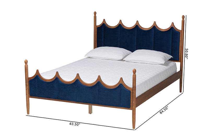 Julian Retro-Modern Royal Blue Velvet Fabric and Walnut Brown Wood Queen Size Platform Bed