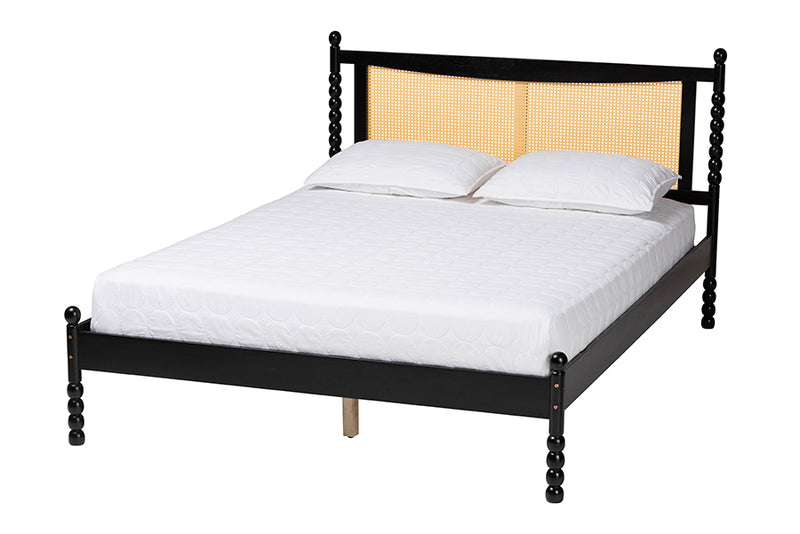 Giancarlo Mid-Century Modern Black Wood Queen Size Platform Bed w/Woven Rattan