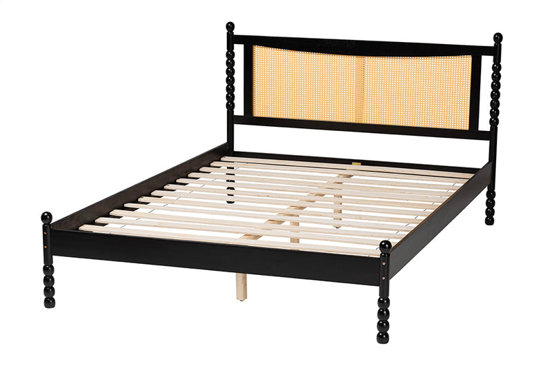 Giancarlo Mid-Century Modern Black Wood Queen Size Platform Bed w/Woven Rattan