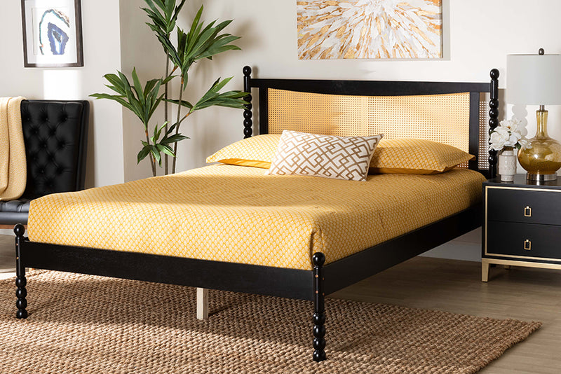 Giancarlo Mid-Century Modern Black Wood Queen Size Platform Bed w/Woven Rattan