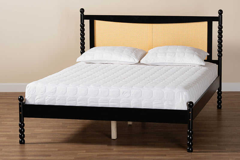 Giancarlo Black Wood Queen Size Platform Bed w/Woven Rattan Baxton