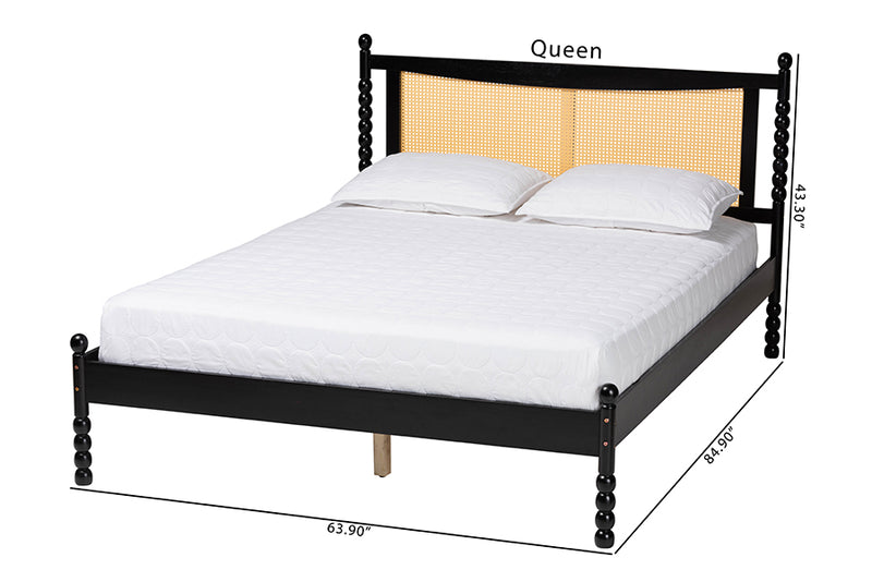 Giancarlo Mid-Century Modern Black Wood Queen Size Platform Bed w/Woven Rattan