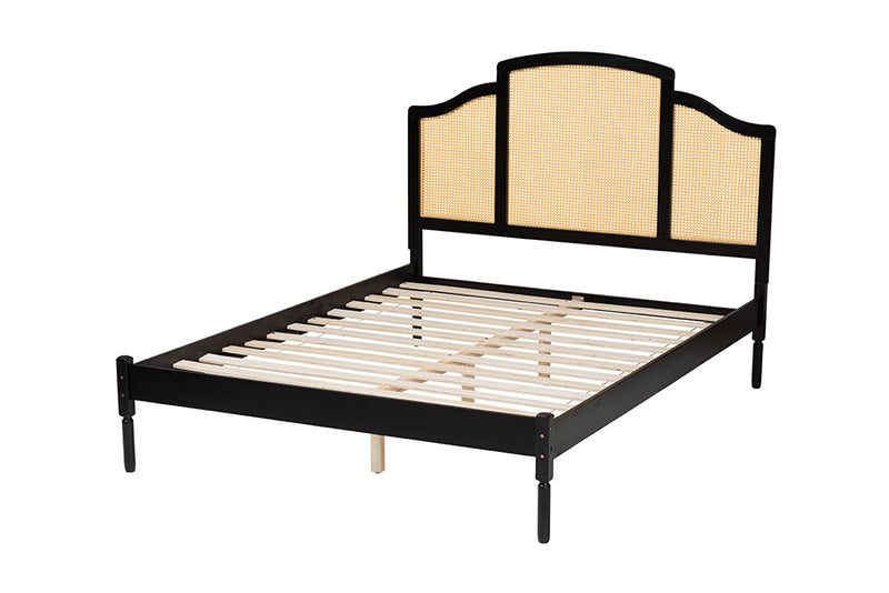 Marcena Classic and Traditional Black Finished Wood Queen Size Platform Bed w/Woven Rattan