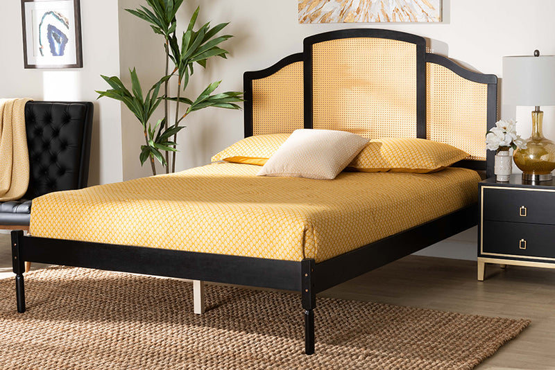 Marcena Classic and Traditional Black Finished Wood Queen Size Platform Bed w/Woven Rattan