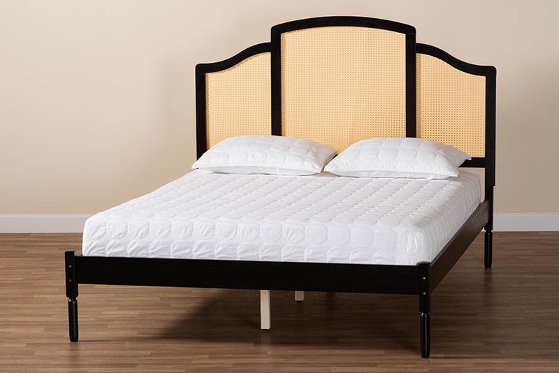 Marcena Classic and Traditional Black Finished Wood Queen Size Platform Bed w/Woven Rattan