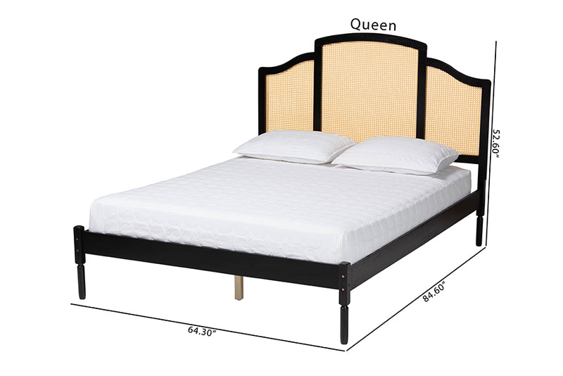 Marcena Classic and Traditional Black Finished Wood Queen Size Platform Bed w/Woven Rattan