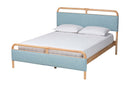 Reuben Baby Blue Fabric and Natural Wood Queen Size Platform Bed Baxton