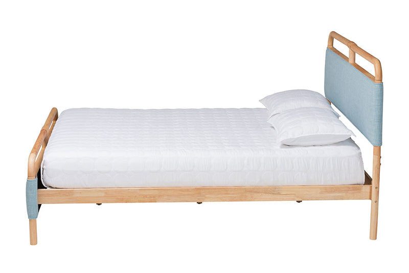 Reuben Baby Blue Fabric and Natural Wood Queen Size Platform Bed Baxton