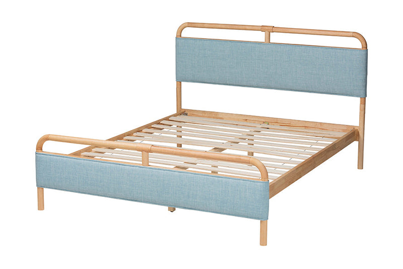 Reuben Baby Blue Fabric and Natural Wood Queen Size Platform Bed Baxton