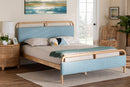 Reuben Baby Blue Fabric and Natural Wood Queen Size Platform Bed Baxton