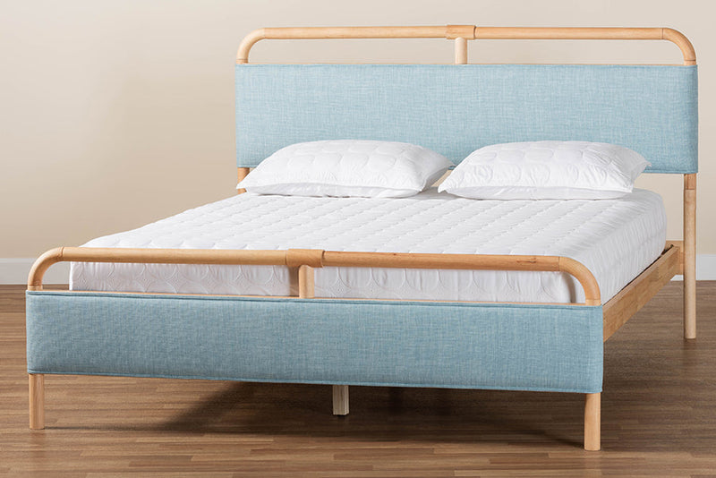 Reuben Baby Blue Fabric and Natural Wood Queen Size Platform Bed Baxton