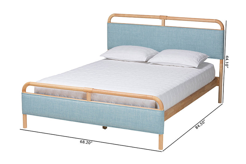 Reuben Baby Blue Fabric and Natural Wood Queen Size Platform Bed Baxton