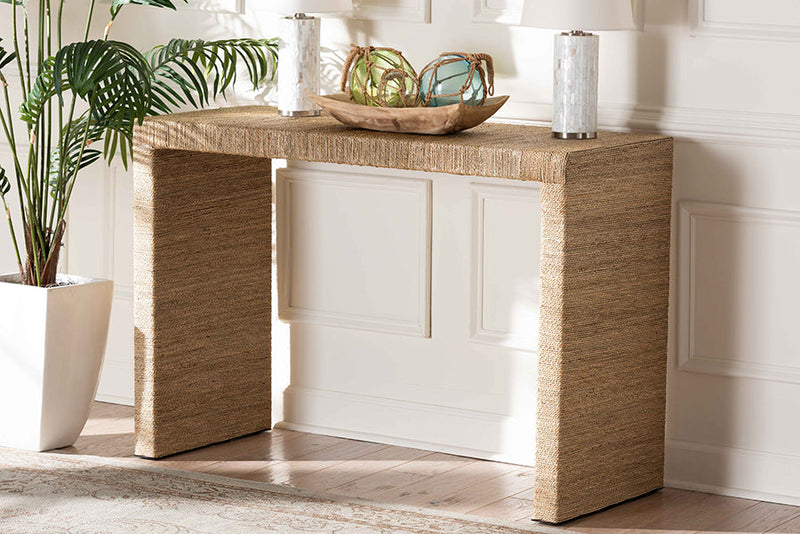 Lenore Natural Brown Seagrass and Wood Console Table Baxton