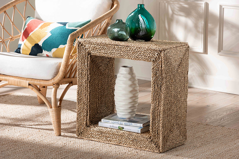 Acelin Modern Bohemian Natural Brown Seagrass and Wood End Table