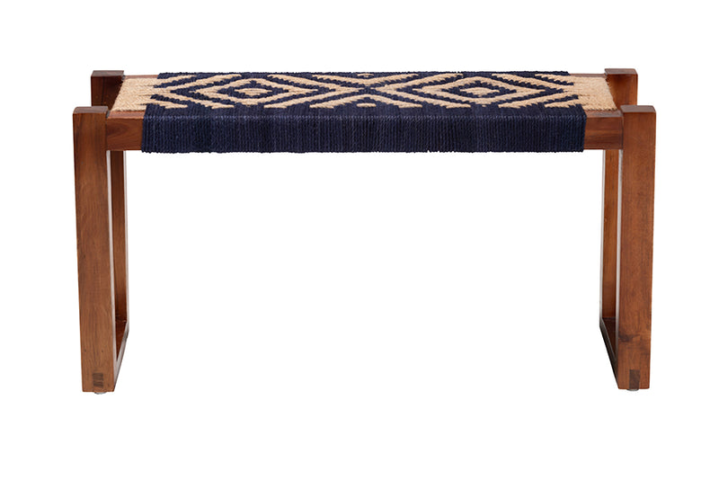 Avara Modern Bohemian Two-Tone Navy Blue and Natural Brown Seagrass and Acacia Wood Accent Bench