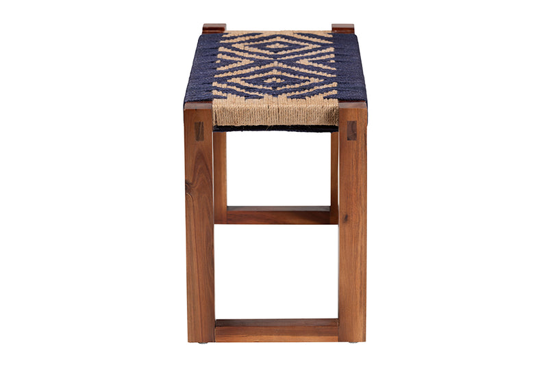 Avara Modern Bohemian Two-Tone Navy Blue and Natural Brown Seagrass and Acacia Wood Accent Bench