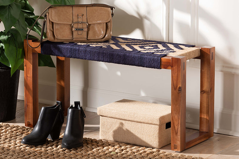 Avara Modern Bohemian Two-Tone Navy Blue and Natural Brown Seagrass and Acacia Wood Accent Bench