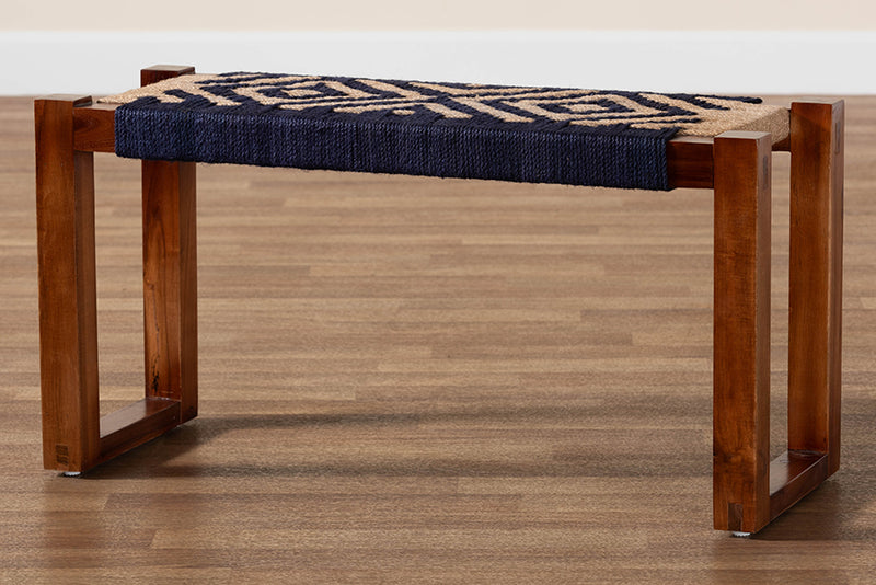 Avara Modern Bohemian Two-Tone Navy Blue and Natural Brown Seagrass and Acacia Wood Accent Bench