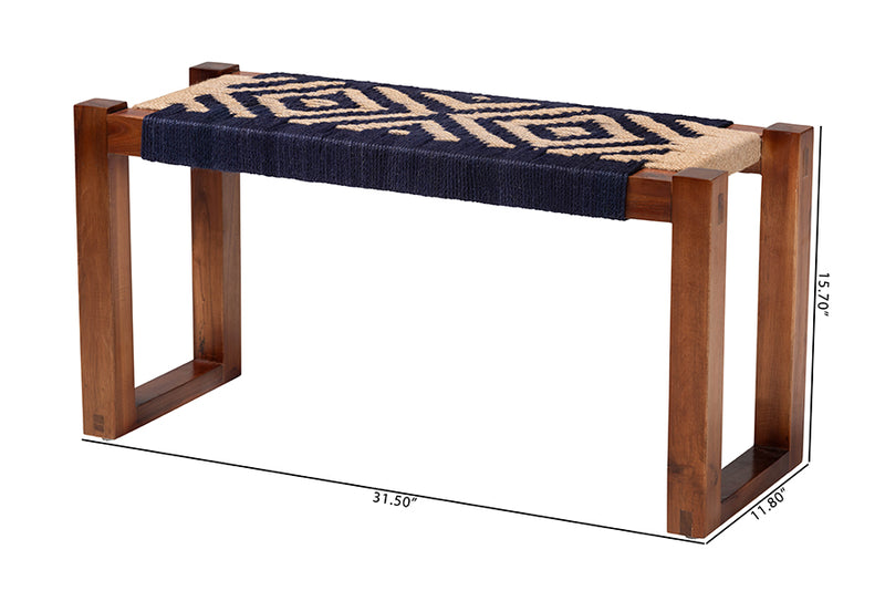 Avara Modern Bohemian Two-Tone Navy Blue and Natural Brown Seagrass and Acacia Wood Accent Bench