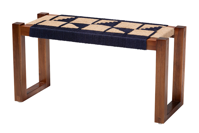 Ballard Modern Bohemian Two-Tone Navy Blue and Natura Brown Seagrass and Acacia Wood Accent Bench