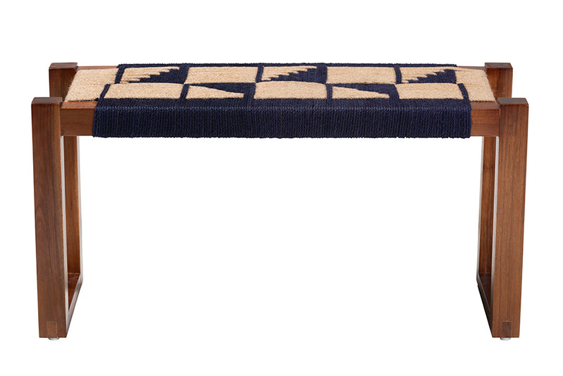 Ballard Modern Bohemian Two-Tone Navy Blue and Natura Brown Seagrass and Acacia Wood Accent Bench