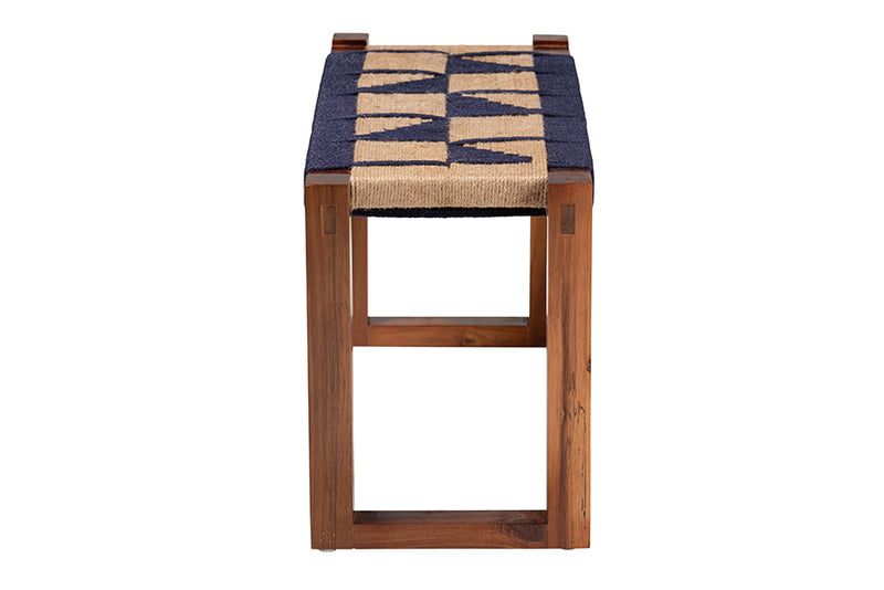 Ballard Modern Bohemian Two-Tone Navy Blue and Natura Brown Seagrass and Acacia Wood Accent Bench