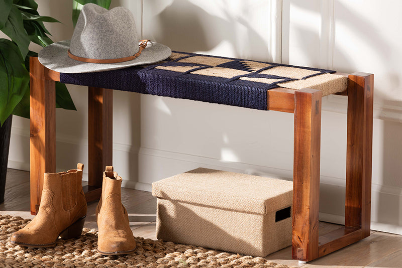 Ballard Modern Bohemian Two-Tone Navy Blue and Natura Brown Seagrass and Acacia Wood Accent Bench