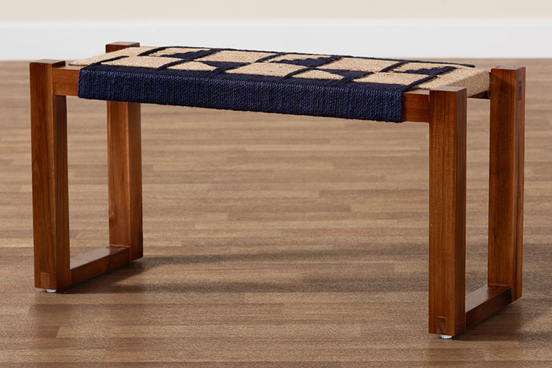 Ballard Modern Bohemian Two-Tone Navy Blue and Natura Brown Seagrass and Acacia Wood Accent Bench