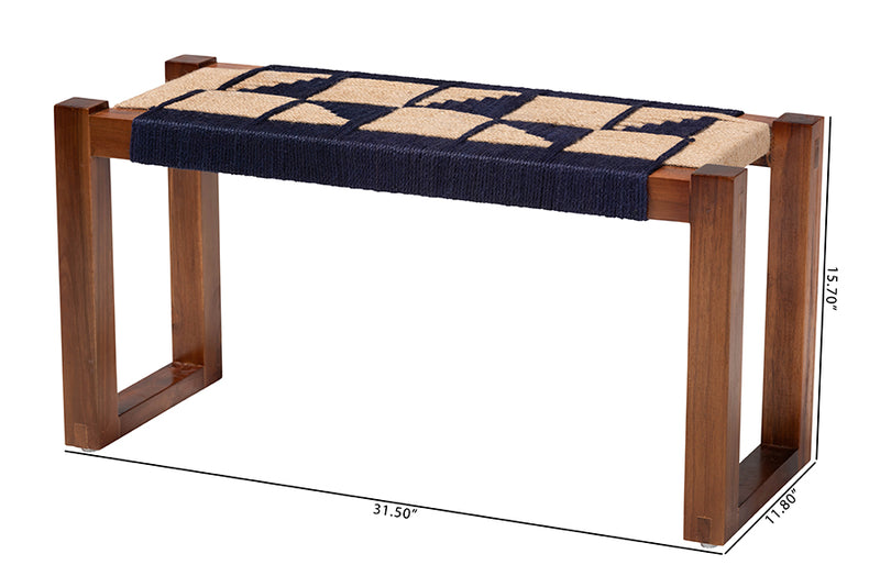 Ballard Modern Bohemian Two-Tone Navy Blue and Natura Brown Seagrass and Acacia Wood Accent Bench