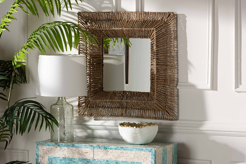 Dilara Modern Bohemian Metal and Natural Brown Seagrass Accent Wall Mirror