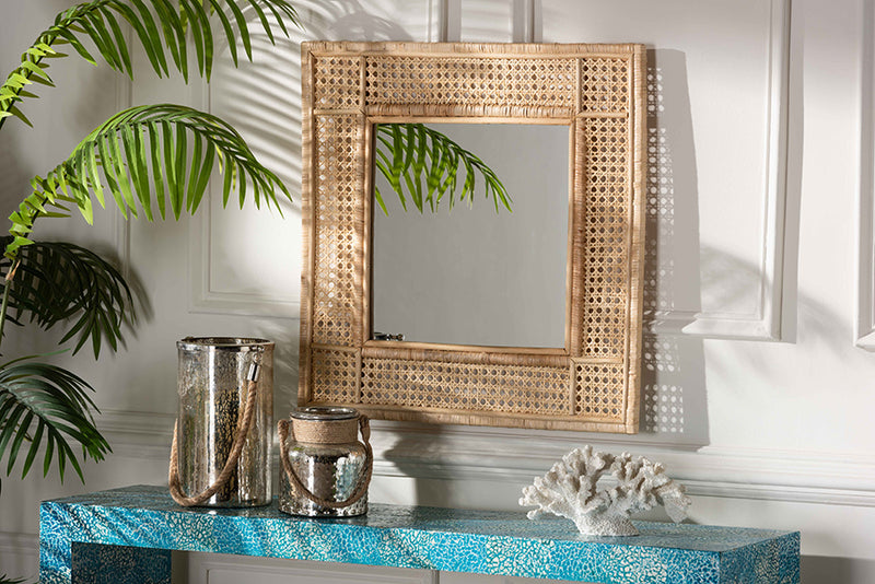 Giuseppe Modern Bohemian Natural Brown Rattan Accent Wall Mirror