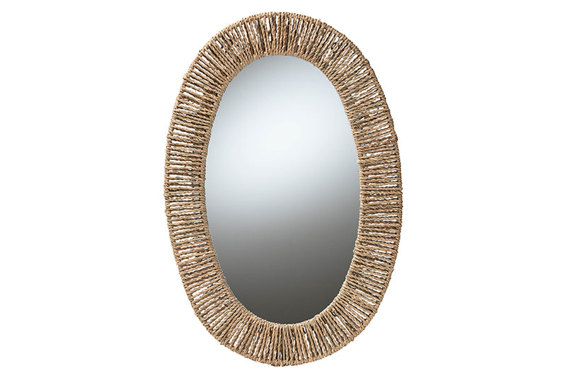 Katherine Modern Bohemian Metal and Natural Brown Seagrass Accent Wall Mirror