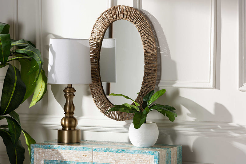 Katherine Modern Bohemian Metal and Natural Brown Seagrass Accent Wall Mirror