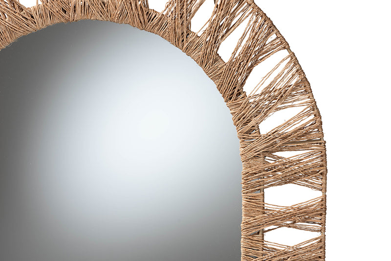 Leo Modern Bohemian Metal and Natural Brown Seagrass Accent Wall Mirror