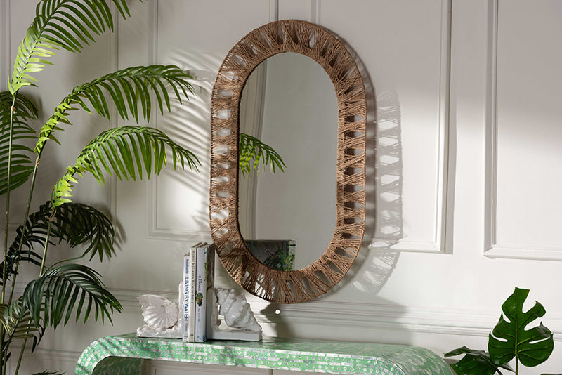 Leo Modern Bohemian Metal and Natural Brown Seagrass Accent Wall Mirror