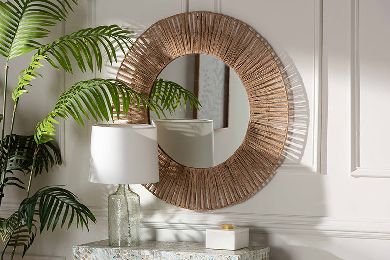 Hudson Modern Bohemian Metal and Natural Brown Seagrass Accent Wall Mirror