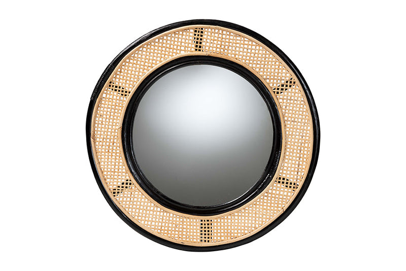 Frey Two-Tone Black and Natural Brown Rattan Accent Wall Mirror Baxton