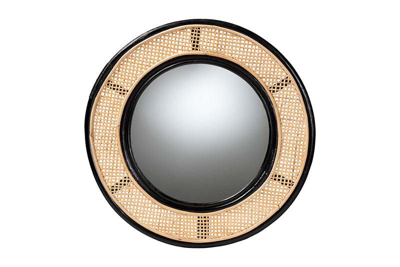 Frey Modern Bohemian Two-Tone Black and Natural Brown Rattan Accent Wall Mirror