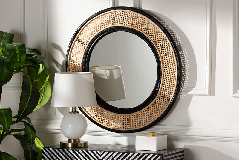 Frey Modern Bohemian Two-Tone Black and Natural Brown Rattan Accent Wall Mirror