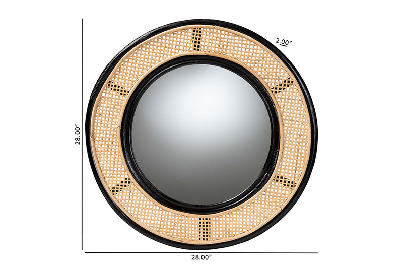 Frey Two-Tone Black and Natural Brown Rattan Accent Wall Mirror Baxton