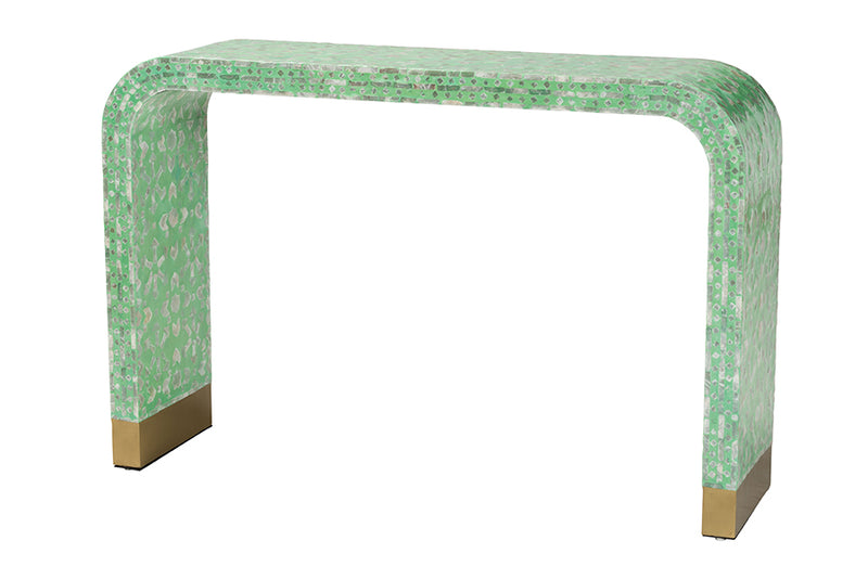 Deserae Modern Bohemian Seafoam Green Mother of Peral Console Table