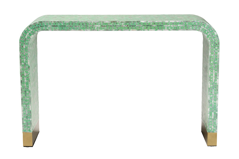 Deserae Modern Bohemian Seafoam Green Mother of Peral Console Table