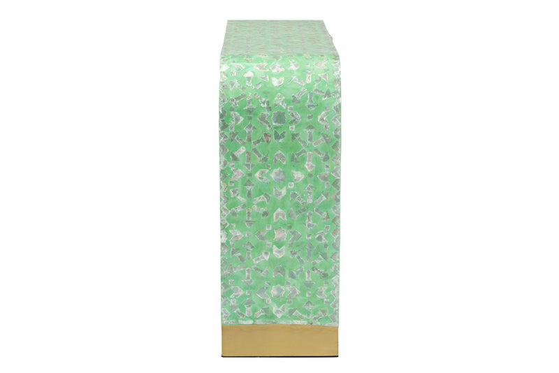 Deserae Modern Bohemian Seafoam Green Mother of Peral Console Table