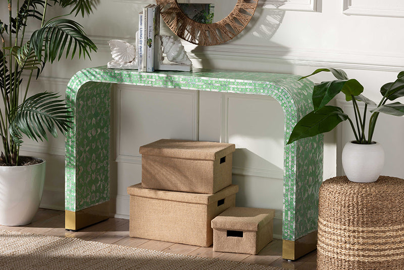 Deserae Modern Bohemian Seafoam Green Mother of Peral Console Table