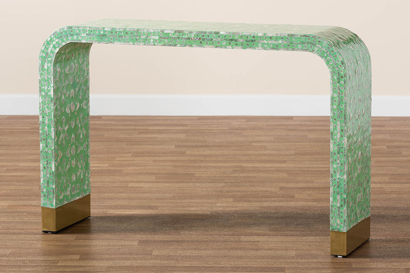 Deserae Modern Bohemian Seafoam Green Mother of Peral Console Table