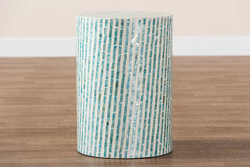 Hirst Modern Bohemian White and Blue Mother of Pearl End Table